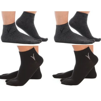 4 Pairs - 2 Black, 2 Gunmetal Grey Ankle Casual V-Toe Flip-Flop Tabi Big Toe Socks