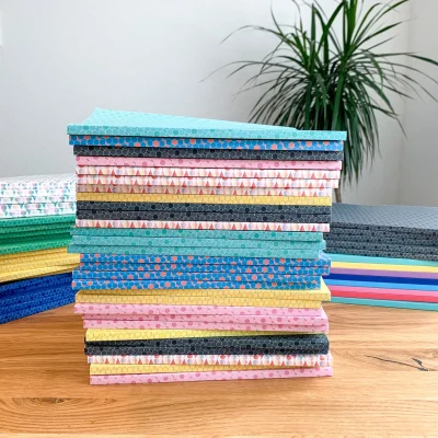 Dotted notebook, 108 page, soft touch cover, A4/A5/A5 pad, 24 color drop and tile pattern, black, blue, red, green, purple