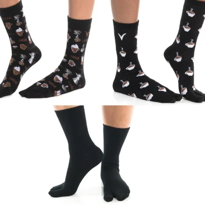 3 Pairs - V-Toe Coffee Carafe, Coffee Cup, Black Flip Flop Tabi Big Toe Socks