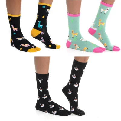 3 Pairs - V-Toe Flip Flop Tabi Big Toe Socks Llama Black, Llama Green, Coffee Cups