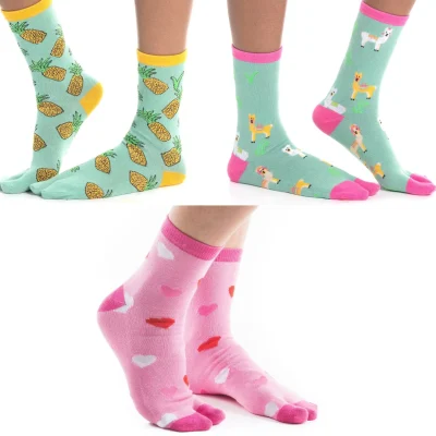V-Toe Flip-Flop Tabi Socks 3 Pairs Pineapple, Llama Green, Hearts Tabi Big Toe Socks